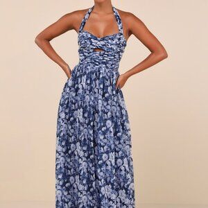 Lulus Illustrious Aura Navy Blue Floral Pleated Halter Maxi Dress - Size XS